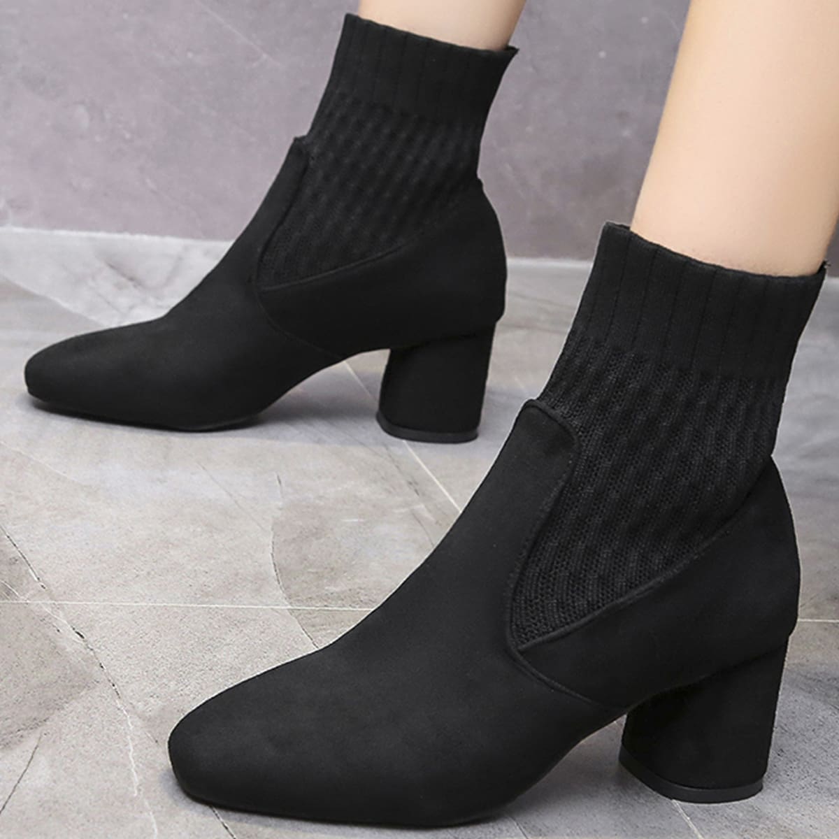 

Chunky Heeled Sock Boots, Black