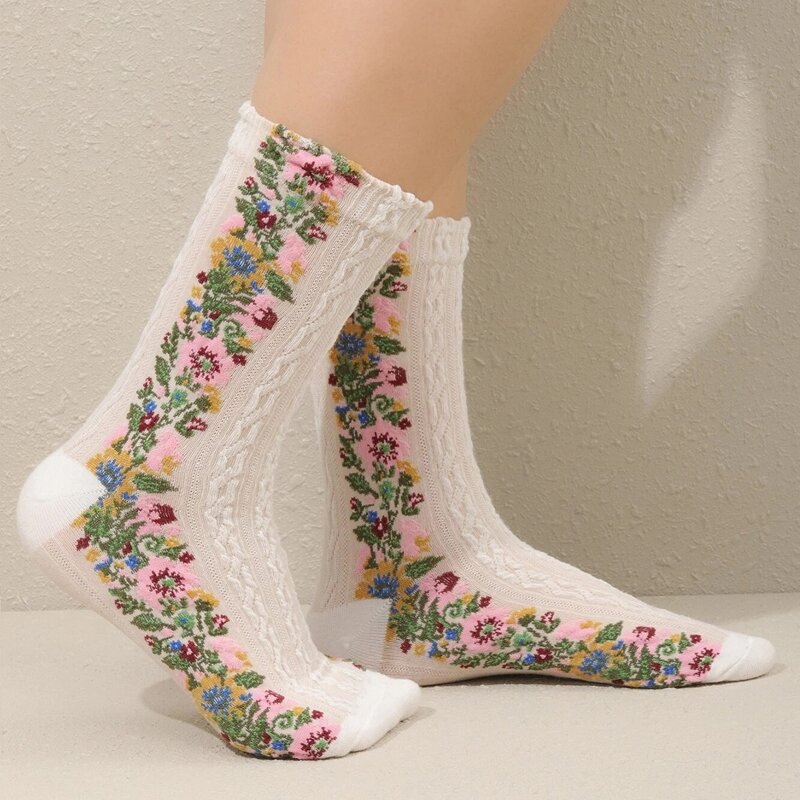 

Floral Print Crew Socks, Beige