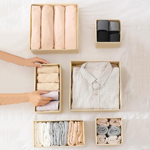 

6pcs Solid Color Clothes Storage Box, Beige