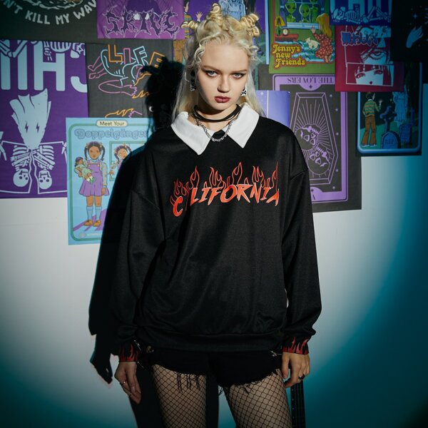 

Letter Fire Graphic Contrast Collar Sweatshirt, Black