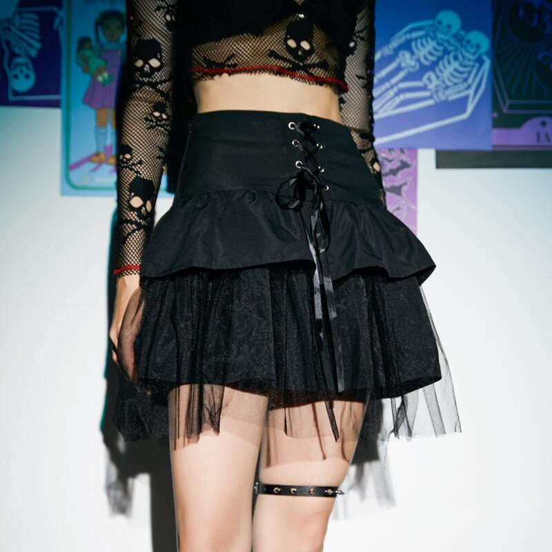 

Contrast Mesh Lace Up Skirt, Black