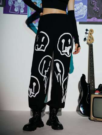 Grunge Punk Pantalones deportivos con estampado de cintura elástica