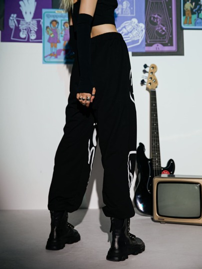 Grunge Punk Pantalones deportivos con estampado de cintura elástica