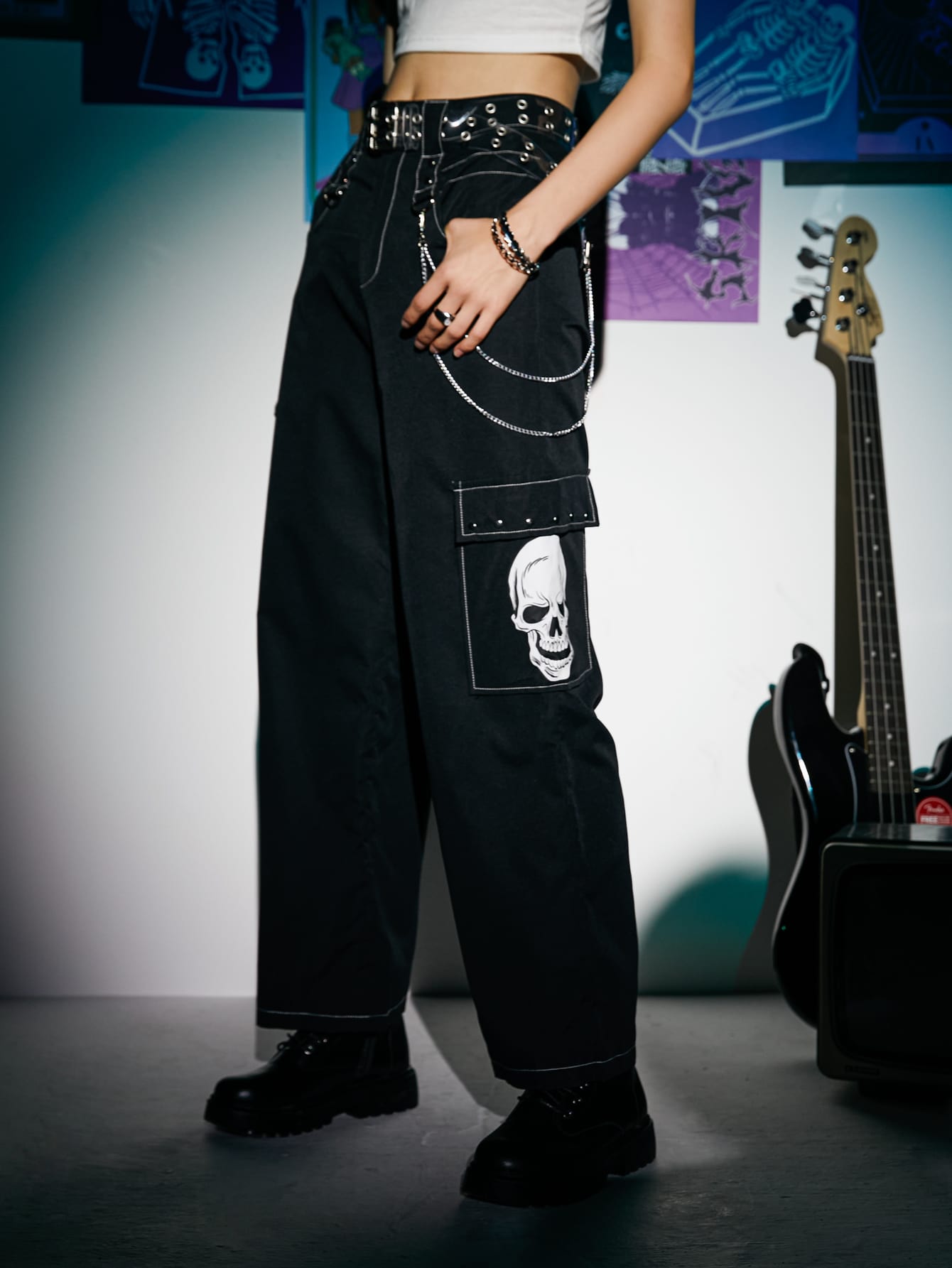 Our Grunge Punk Skull Graphic Contrast Binding Pants, School is