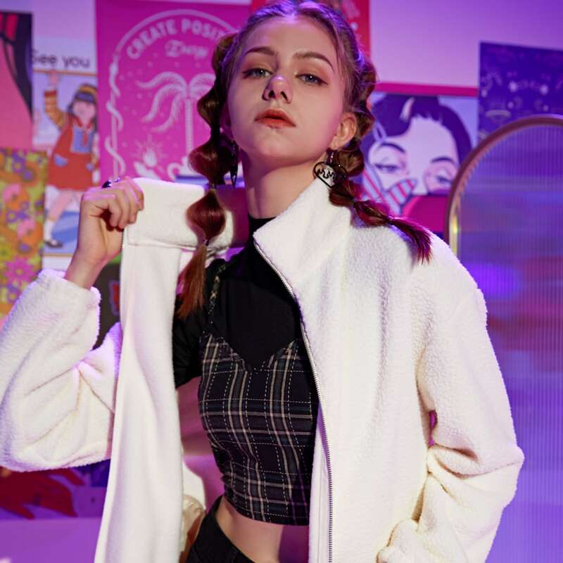 Solid Zip Up Teddy Coat, White