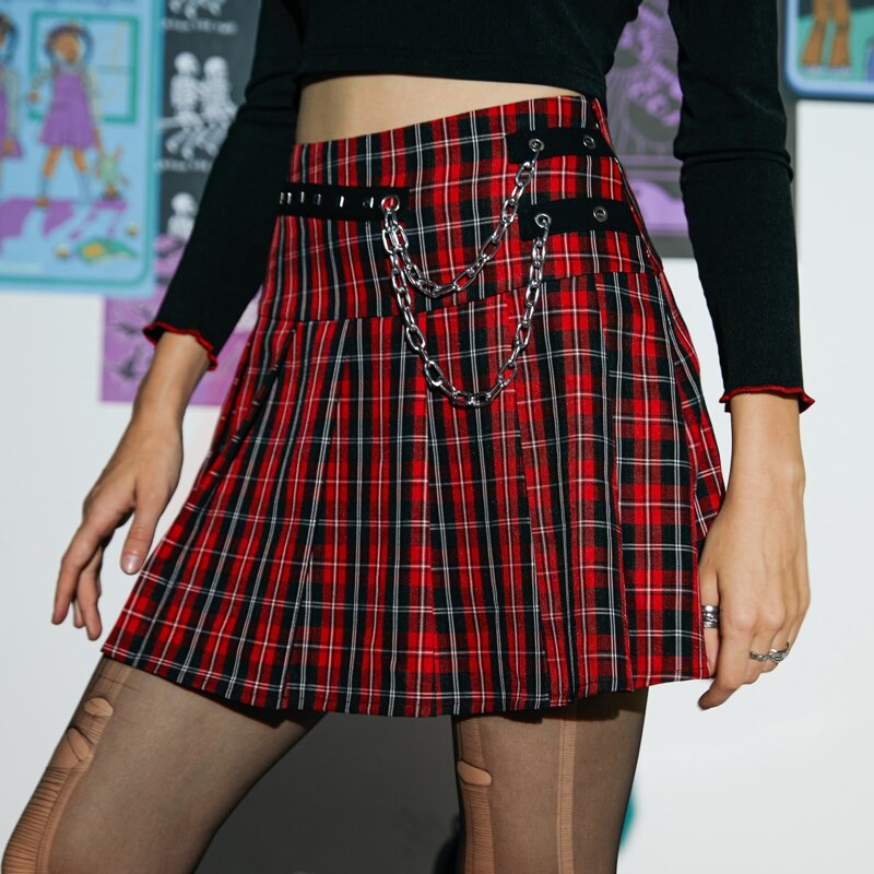 

Plaid Pleated Chain Skirt, Multicolor