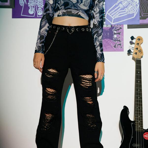 

Solid Ripped Straight Leg Jeans, Black