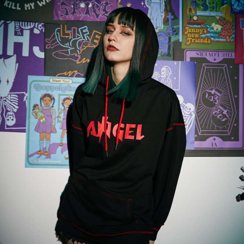 

Letter Stitching Trim Drawstring Hoodie, Black