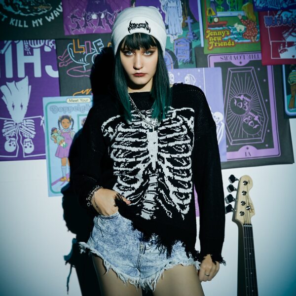 

Skeleton Pattern Distressed Sweater, Black