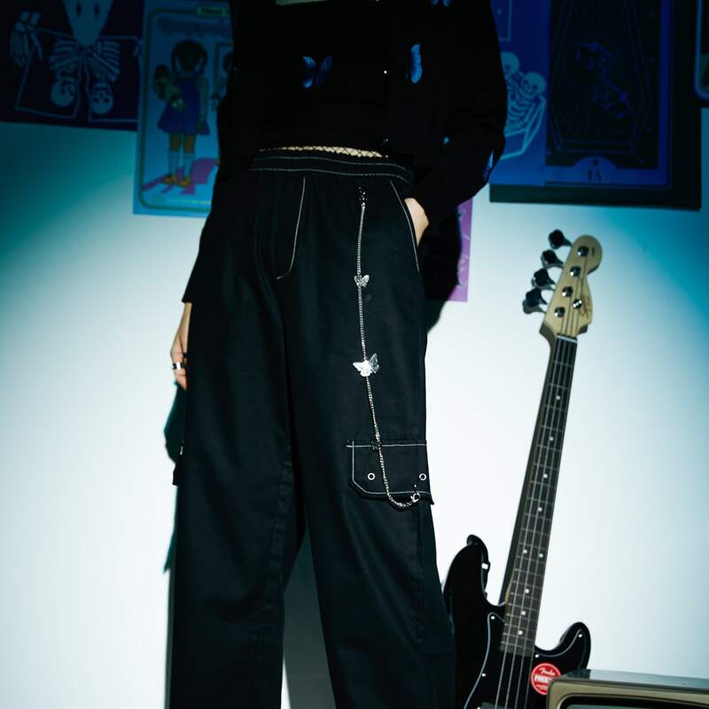 Stitching Trim Straight Leg Pants, Black