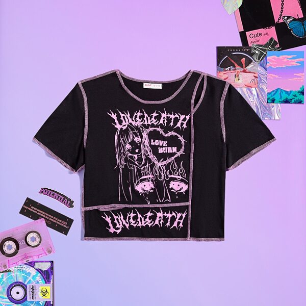 

Altspo Stitching Trim Letter Figure Graphic Tee, Black