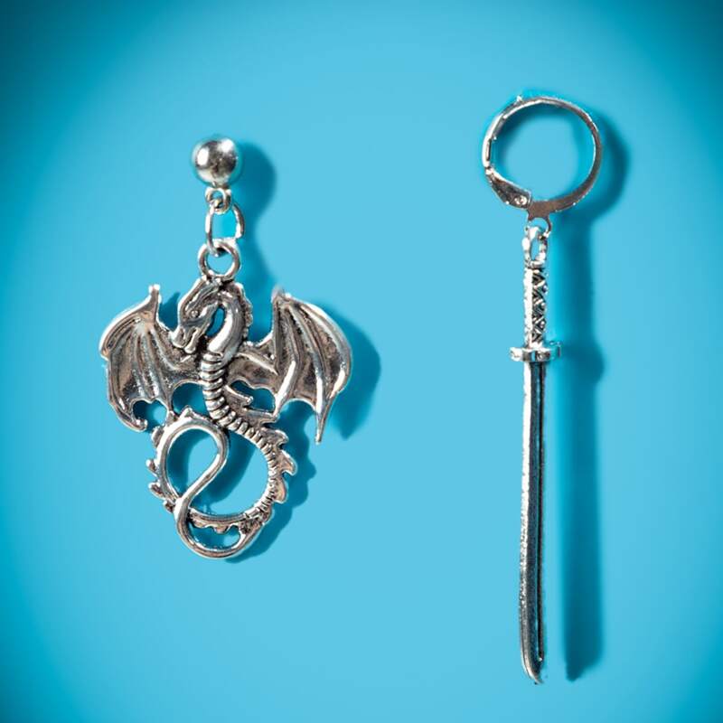 

2pcs Dragon & Sword Drop Earrings, Silver