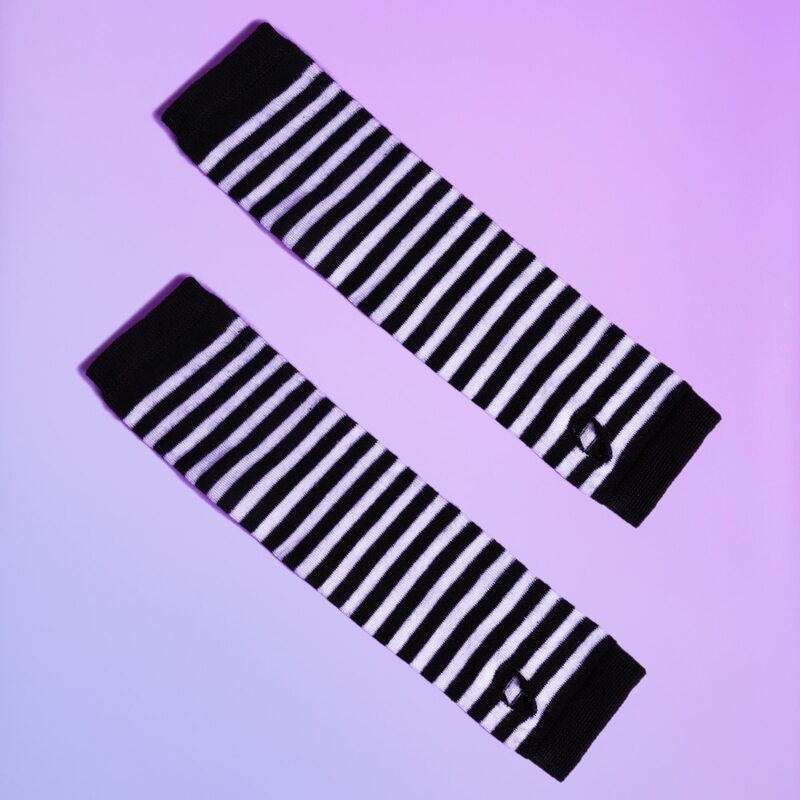 

Striped Pattern Fingerless Long Gloves, Black and white