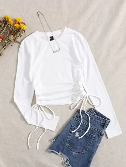 SHEIN EZwear Drawstring Ruched Solid Tee