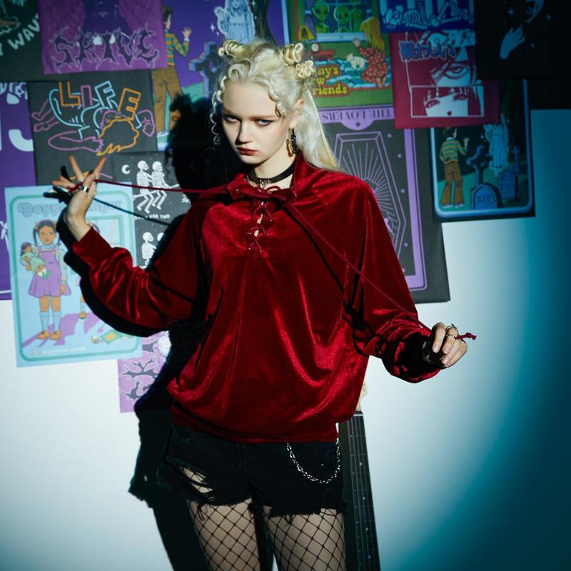 

Solid Velvet Lace Up Hoodie, Burgundy