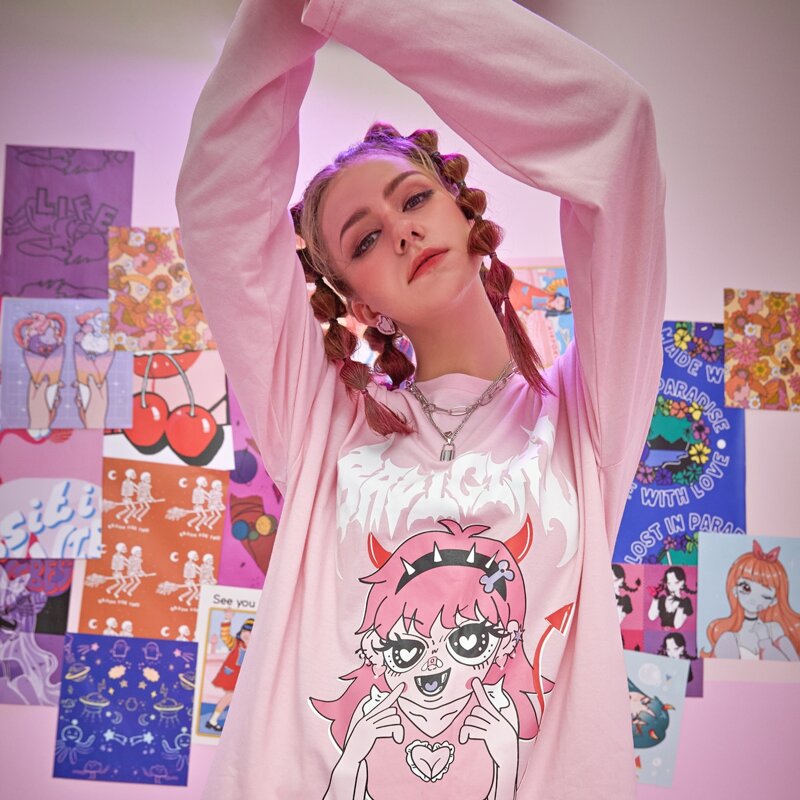 Letter Cartoon Figure Graphic Tee, Baby pink