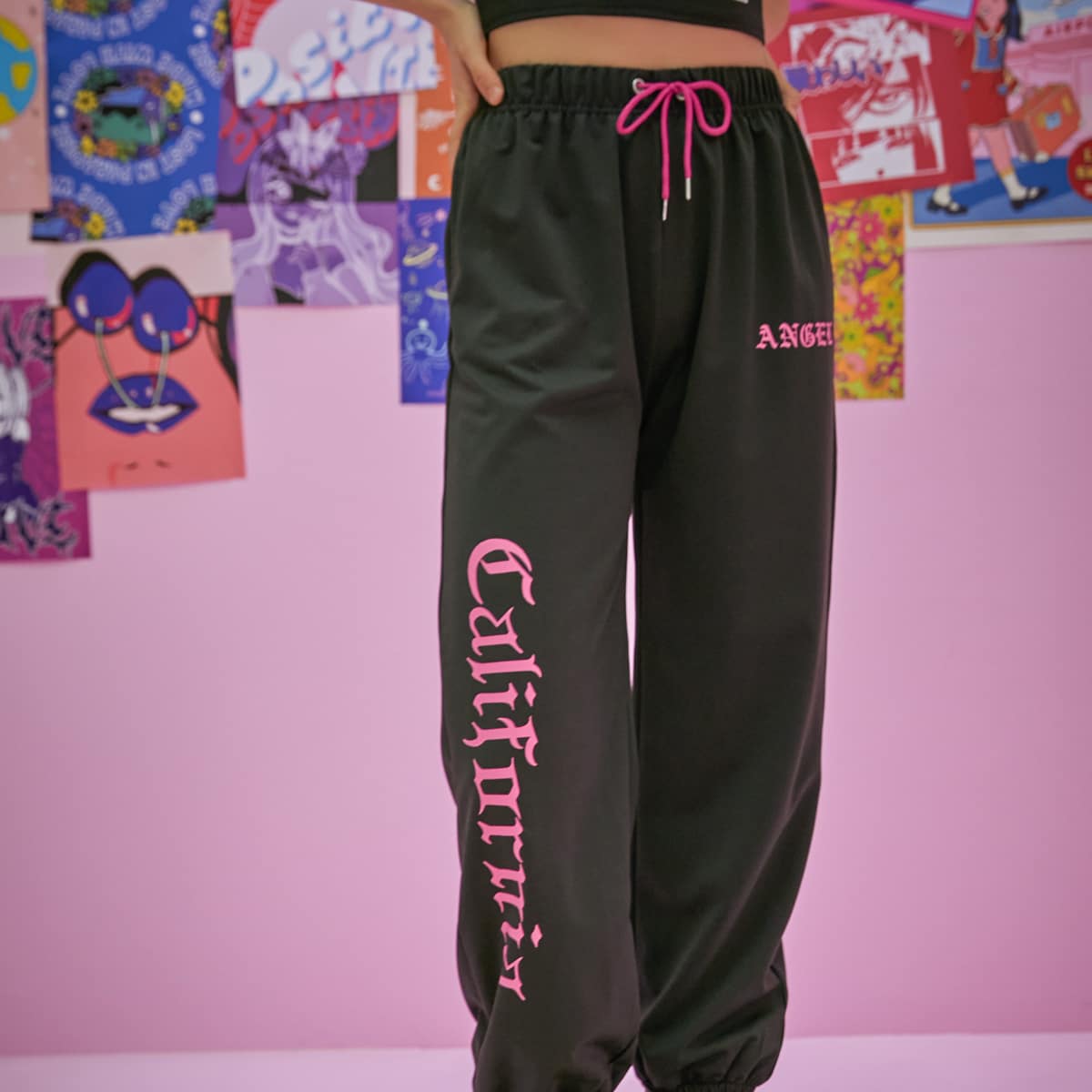 

Letter Drawstring Sweatpants, Black