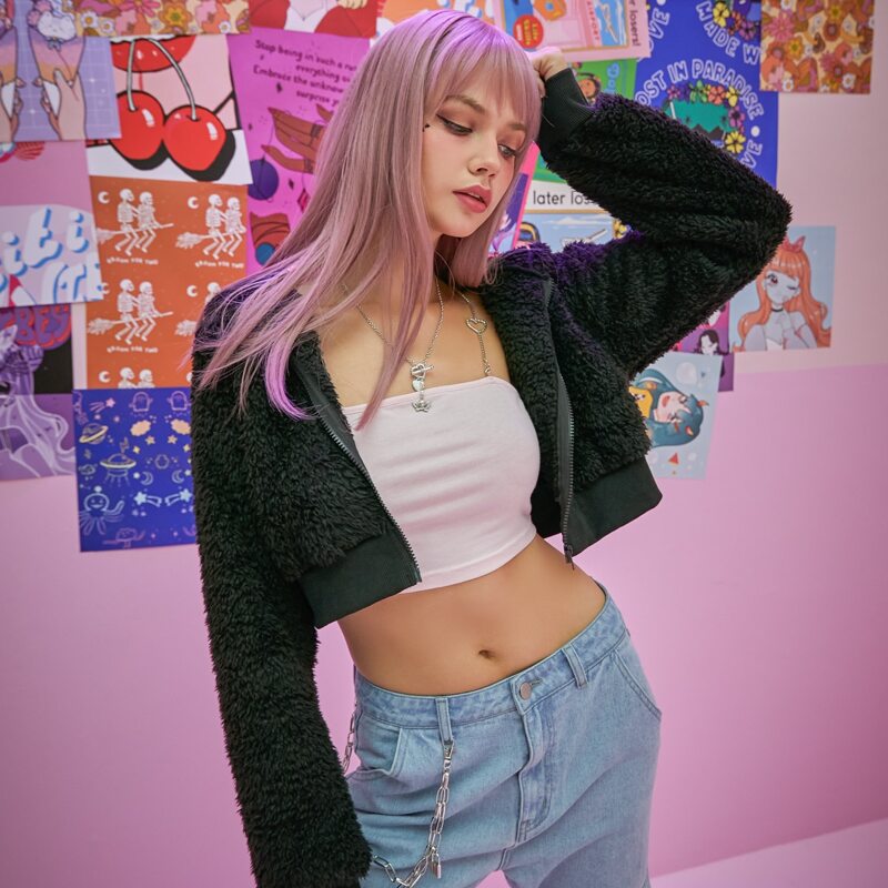 

Solid Zip Up Crop Teddy Jacket, Black