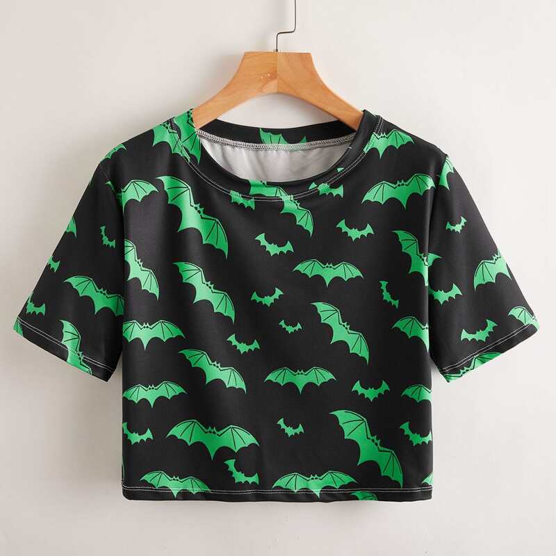 

Halloween Bat Print Crop Tee, Multicolor