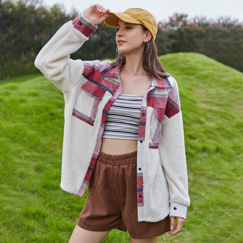 

Contrast Plaid Button Front Fleece Coat, Multicolor