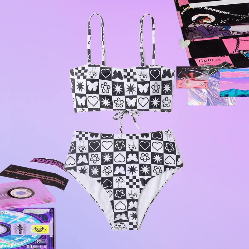 

Patchwork Lace Up Bikini Swimsuit, Black and white