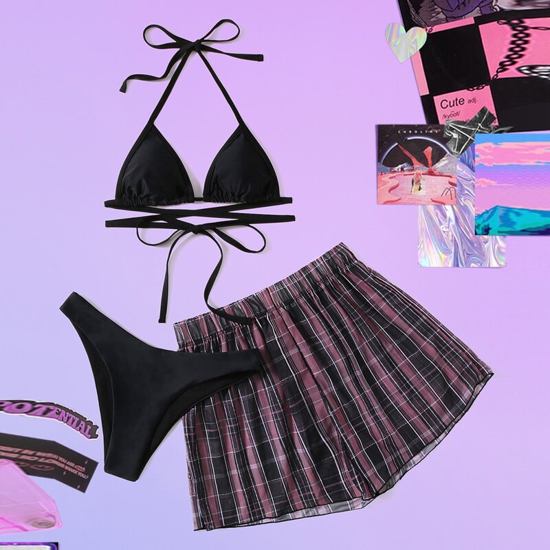 

3pack Plaid Lace Up Halter Triangle Bikini Swimsuit & Swim Shorts, Multicolor