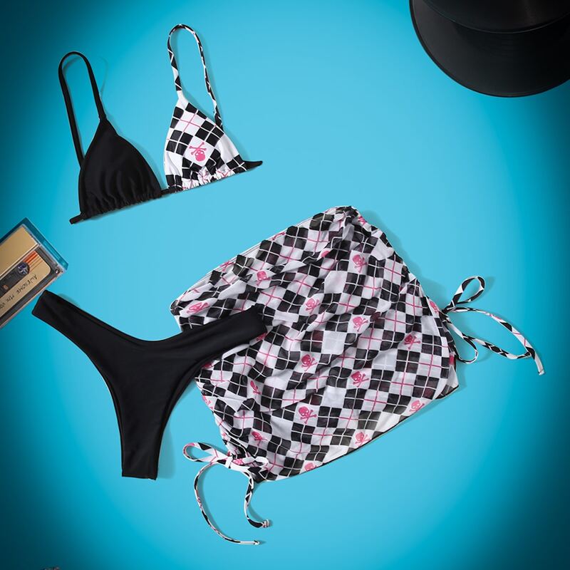 

3pack Plaid Halter High Cut Bikini Swimsuit & Beach Skirt, Multicolor