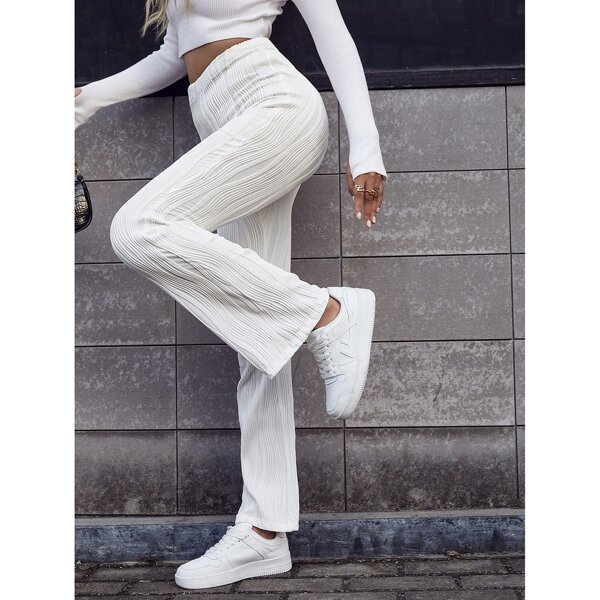 

Solid Elastic Waist Textured Pants, White
