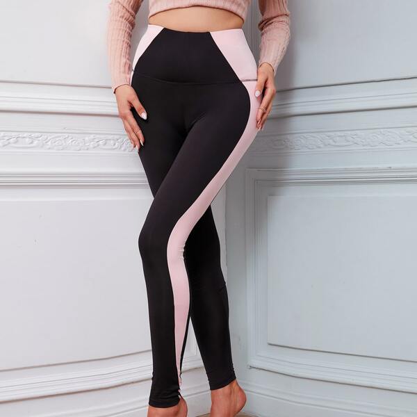 

Color-block Wide Band Waist Leggings, Black