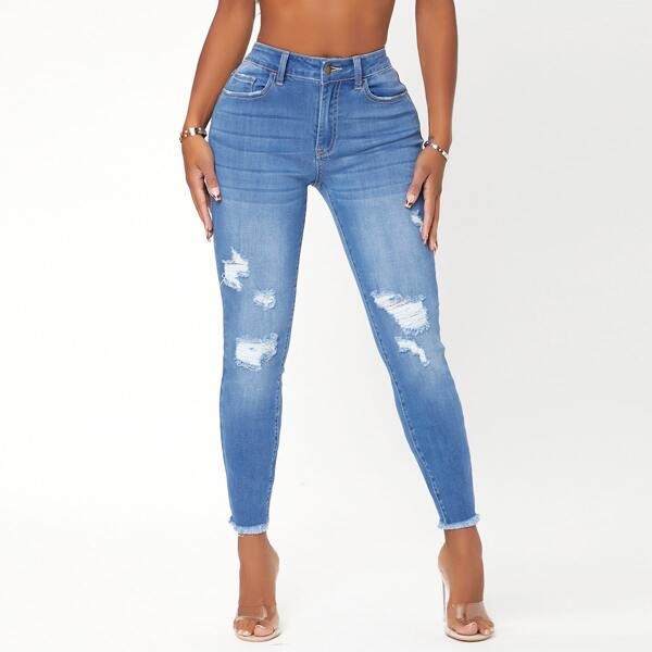

Ripped Frayed Raw Hem Skinny Jeans, Medium wash