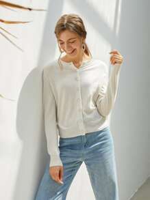 SHEIN 羊絨珍珠鈕扣開衫 - 米色 - 查看 4