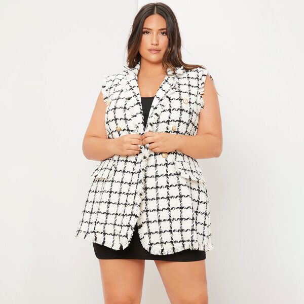 

Plus Plaid Print Raw Trim Vest Overcoat, Black and white