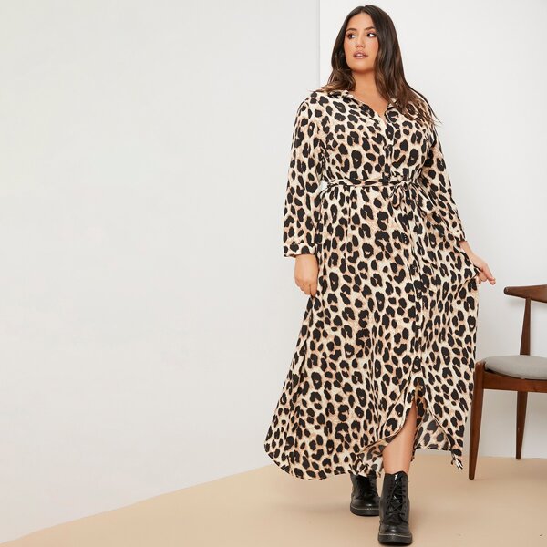 

Plus Leopard Belted Shirt Dress, Multicolor