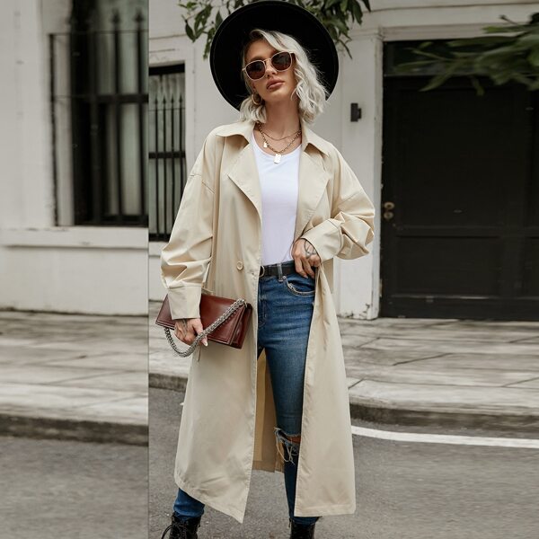 

Drop Shoulder Belted Trench Coat, Apricot