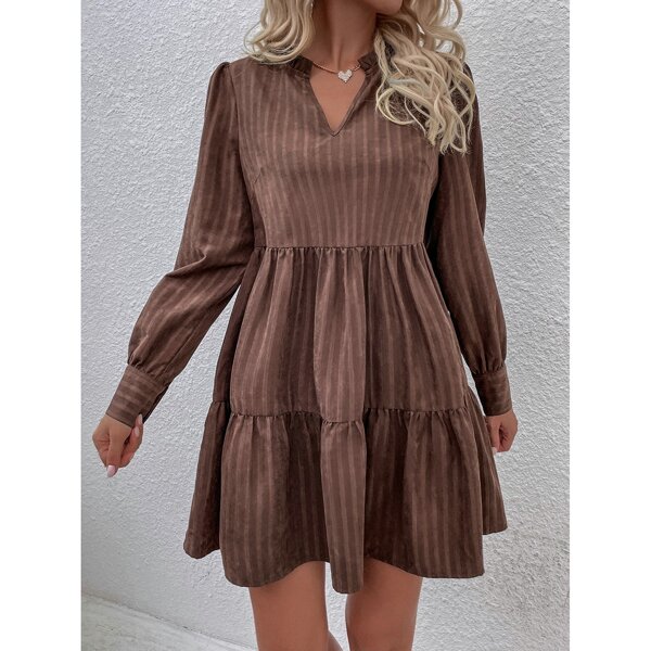 

Striped Puff Sleeve Ruffle Hem Frilled Neck Dress, Chocolate brown
