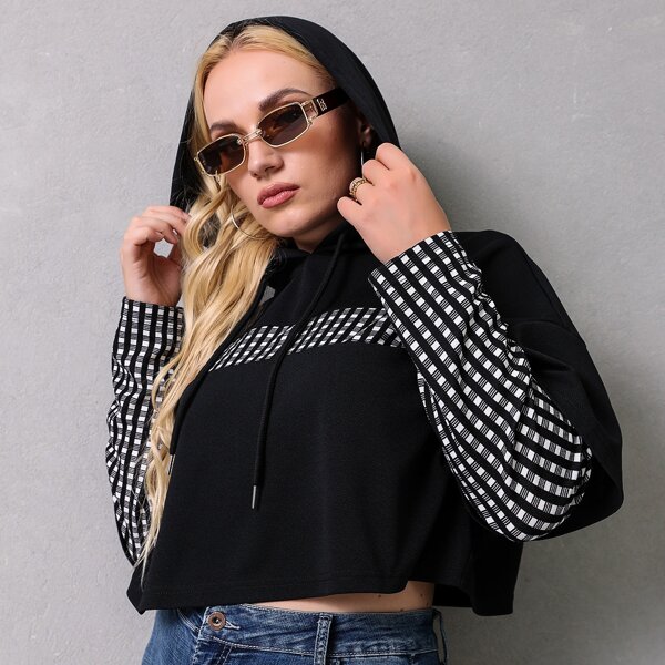 

Plus Plaid Drop Shoulder Drawstring 2 In 1 Hoodie, Black
