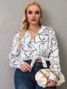 SHEIN LUNE Plus Figure Graphic Button Through Shirt - White - View 5