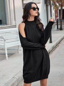 Mock Neck Cold Shoulder Jumper Dress Without Belt - Black - View 1