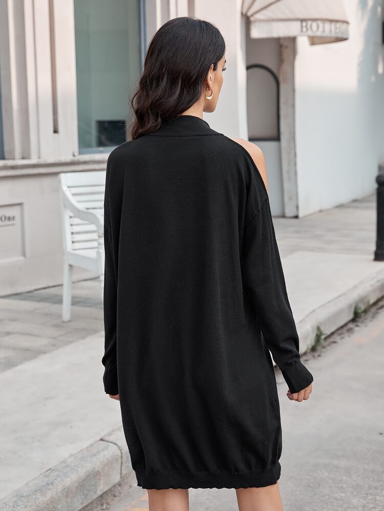 Mock Neck Cold Shoulder Sweater Dress Without Belt - Black - View 2