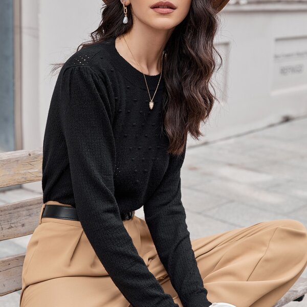 

Solid Round Neck Sweater, Black