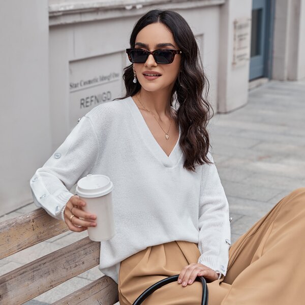 

Button Detail Drop Shoulder Sweater, White