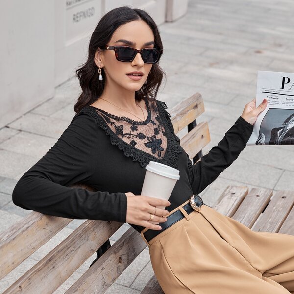 

Contrast Guipure Lace Solid Tee, Black