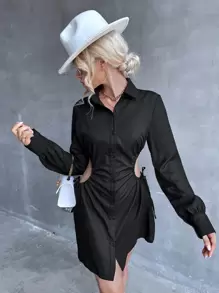 Cut Out Drawstring Waist Shirt Dress - Black - View 1