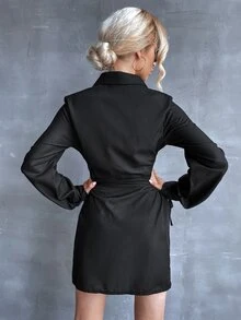 Cut Out Drawstring Waist Shirt Dress - Black - View 2