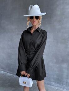 Cut Out Drawstring Waist Shirt Dress - Black - View 3