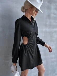 Cut Out Drawstring Waist Shirt Dress - Black - View 4