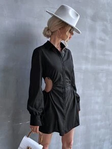 Cut Out Drawstring Waist Shirt Dress - Black - View 5