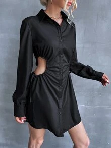 Cut Out Drawstring Waist Shirt Dress - Black - View 6