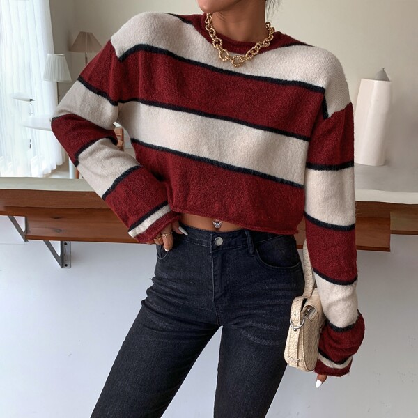 

Striped Crop Drop Shoulder Sweater, Multicolor