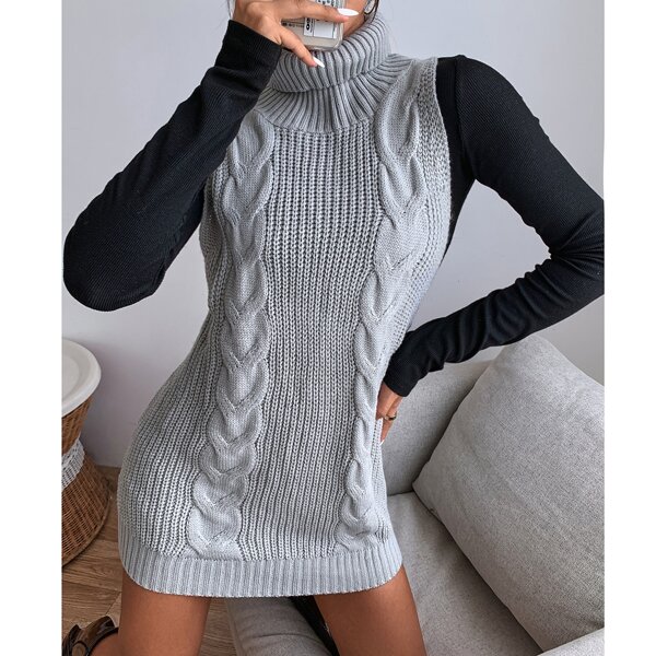 

Turtleneck Cable Knit Sleeveless Sweater Dress, Grey